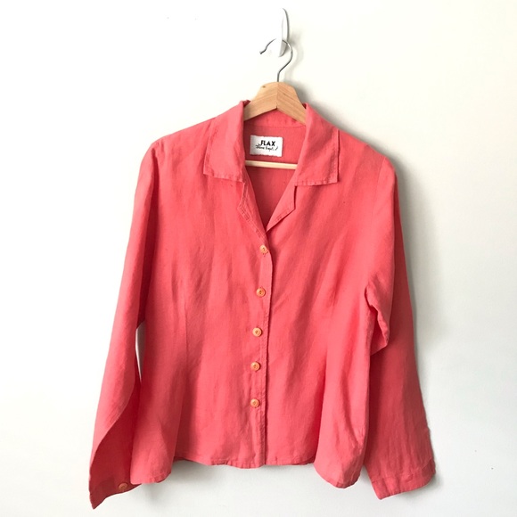 Flax Tops - FLAX Linen Button Down Top Blouse Shirt Orange